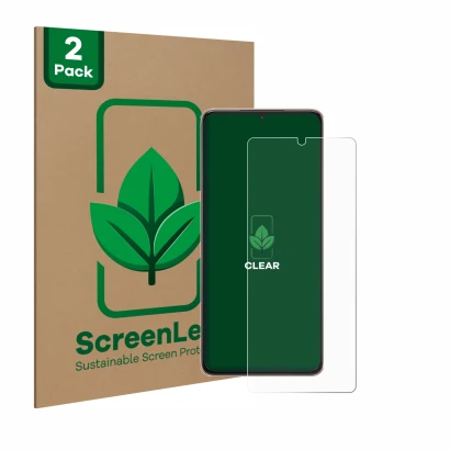 Parte frontal de un envase de producto con el logotipo de la marca ScreenLeaf. Al lado se muestra el dispositivo Samsung Galax