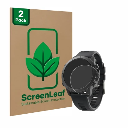 Parte frontal de un envase de producto con el logotipo de la marca ScreenLeaf. Al lado se muestra el dispositivo Wahoo Elemnt 