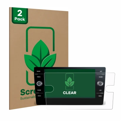 Parte frontal de un envase de producto con el logotipo de la marca ScreenLeaf. Al lado se muestra el dispositivo Volkswagen Ti