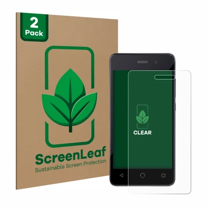 Parte frontal de un envase de producto con el logotipo de la marca ScreenLeaf. Al lado se muestra el dispositivo Omnipod Dash 