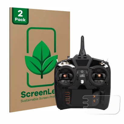 Parte frontal de un envase de producto con el logotipo de la marca ScreenLeaf. Al lado se muestra el dispositivo Spektrum NX8 