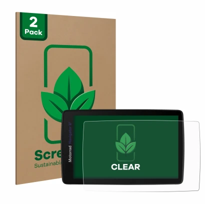 Parte frontal de un envase de producto con el logotipo de la marca ScreenLeaf. Al lado se muestra el dispositivo BMW Navigator