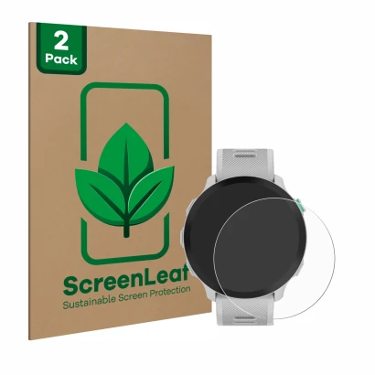 Parte frontal de un envase de producto con el logotipo de la marca ScreenLeaf. Al lado se muestra el dispositivo Garmin Foreru
