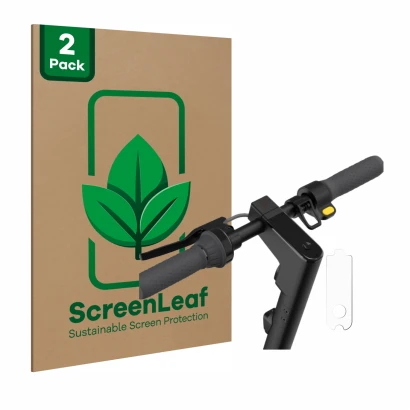 Parte frontal de un envase de producto con el logotipo de la marca ScreenLeaf. Al lado se muestra el dispositivo Segway Ninebo