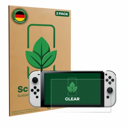 Parte frontal de un envase de producto con el logotipo de la marca ScreenLeaf. Al lado se muestra el dispositivo Nintendo Swit
