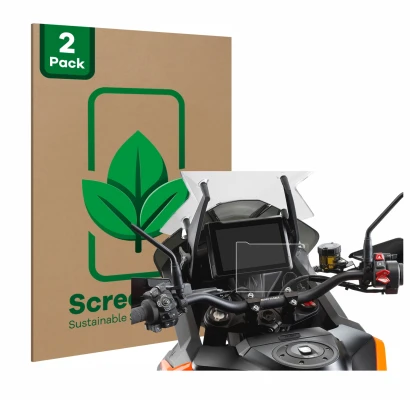 Parte frontal de un envase de producto con el logotipo de la marca ScreenLeaf. Al lado se muestra el dispositivo KTM 1290 Supe