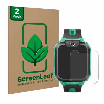 Parte frontal de un envase de producto con el logotipo de la marca ScreenLeaf. Al lado se muestra el dispositivo Imoo Watch Ph