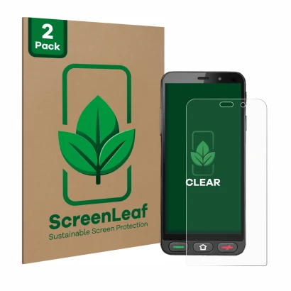 Parte frontal de un envase de producto con el logotipo de la marca ScreenLeaf. Al lado se muestra el dispositivo Brondi Amico 