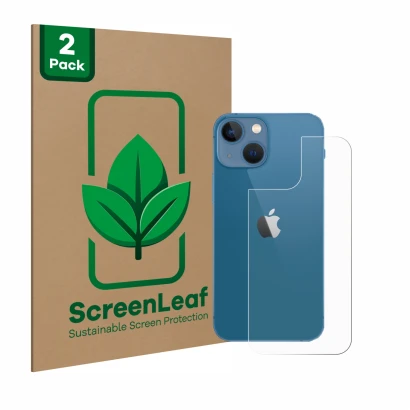 Parte frontal de un envase de producto con el logotipo de la marca ScreenLeaf. Al lado se muestra el dispositivo Apple iPhone 