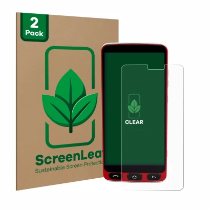 Parte frontal de un envase de producto con el logotipo de la marca ScreenLeaf. Al lado se muestra el dispositivo Olympia Neo S