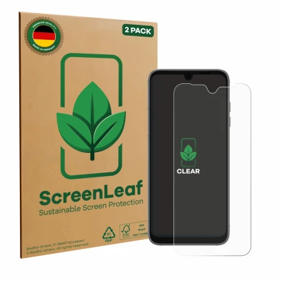 Parte frontal de un envase de producto con el logotipo de la marca ScreenLeaf. Al lado se muestra el dispositivo Fairphone 4 c