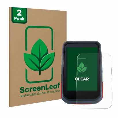 Parte frontal de un envase de producto con el logotipo de la marca ScreenLeaf. Al lado se muestra el dispositivo Sigma ROX 4.0