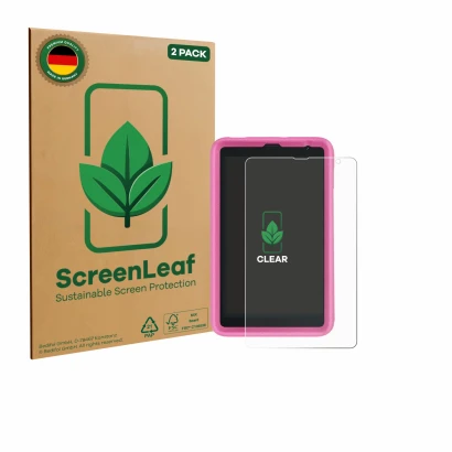 Parte frontal de un envase de producto con el logotipo de la marca ScreenLeaf. Al lado se muestra el dispositivo Blackview Tab