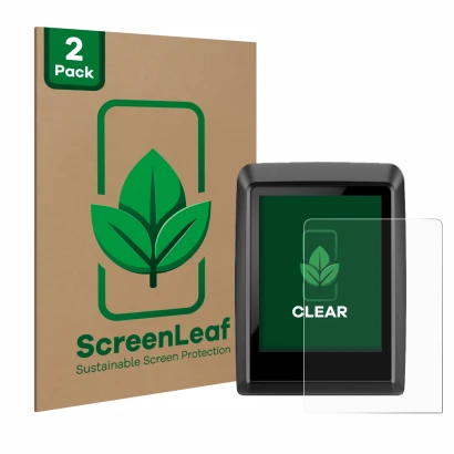 Parte frontal de un envase de producto con el logotipo de la marca ScreenLeaf. Al lado se muestra el dispositivo Bosch Kiox 30