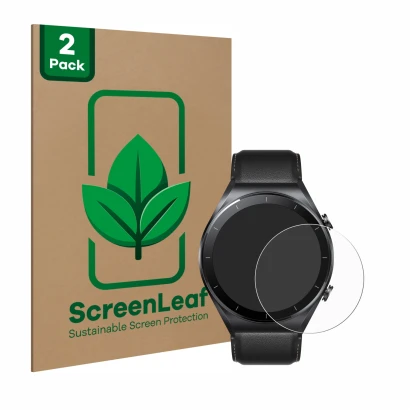 Parte frontal de un envase de producto con el logotipo de la marca ScreenLeaf. Al lado se muestra el dispositivo Xiaomi Watch 