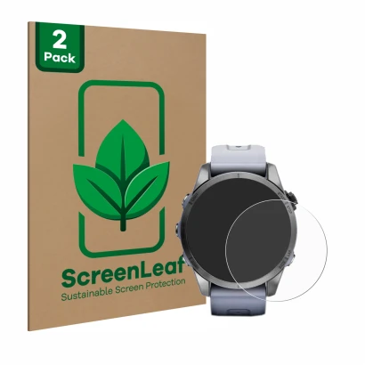 Parte frontal de un envase de producto con el logotipo de la marca ScreenLeaf. Al lado se muestra el dispositivo Garmin Fenix 