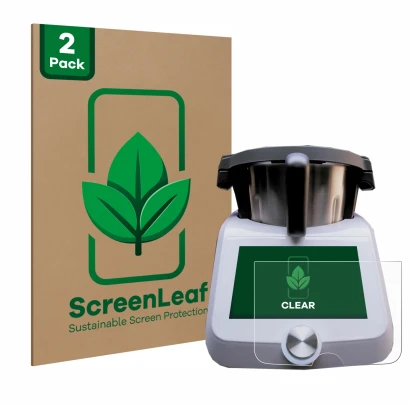 Parte frontal de un envase de producto con el logotipo de la marca ScreenLeaf. Al lado se muestra el dispositivo SilverCrest M
