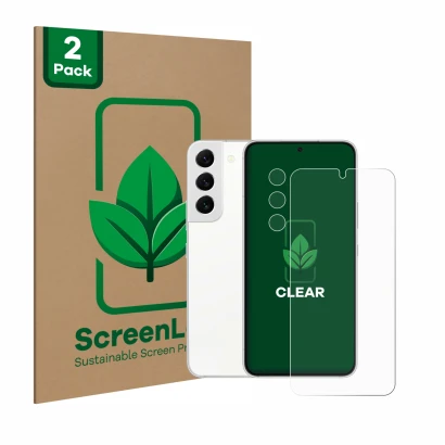 Parte frontal de un envase de producto con el logotipo de la marca ScreenLeaf. Al lado se muestra el dispositivo Samsung Galax