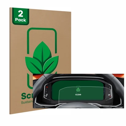 Parte frontal de un envase de producto con el logotipo de la marca ScreenLeaf. Al lado se muestra el dispositivo Volkswagen Po