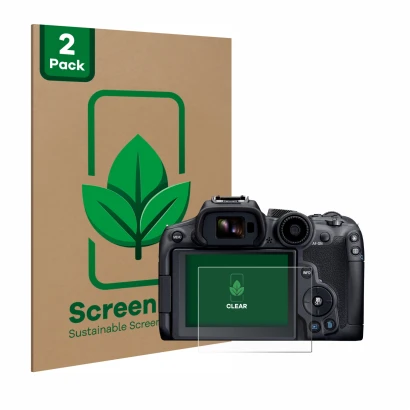Parte frontal de un envase de producto con el logotipo de la marca ScreenLeaf. Al lado se muestra el dispositivo Canon EOS R7 