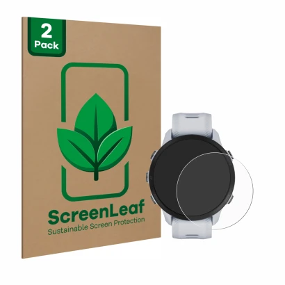 Parte frontal de un envase de producto con el logotipo de la marca ScreenLeaf. Al lado se muestra el dispositivo Garmin Foreru