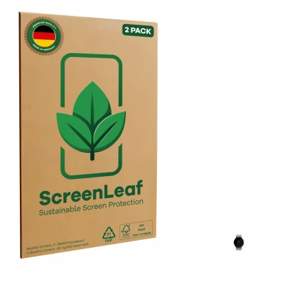 Parte frontal de un envase de producto con el logotipo de la marca ScreenLeaf. Al lado se muestra el dispositivo Samsung Galax