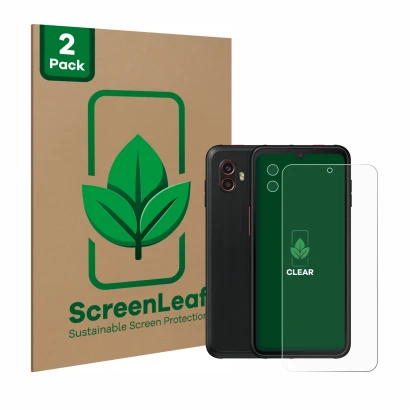 Parte frontal de un envase de producto con el logotipo de la marca ScreenLeaf. Al lado se muestra el dispositivo Samsung Galax