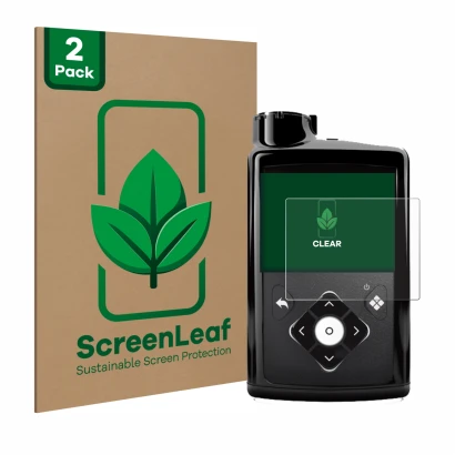 Parte frontal de un envase de producto con el logotipo de la marca ScreenLeaf. Al lado se muestra el dispositivo Medtronic Min