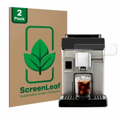 Parte frontal de un envase de producto con el logotipo de la marca ScreenLeaf. Al lado se muestra el dispositivo DeLonghi Elet