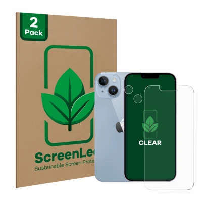 Parte frontal de un envase de producto con el logotipo de la marca ScreenLeaf. Al lado se muestra el dispositivo Apple iPhone 