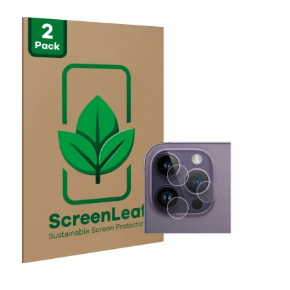 Parte frontal de un envase de producto con el logotipo de la marca ScreenLeaf. Al lado se muestra el dispositivo Apple iPhone 