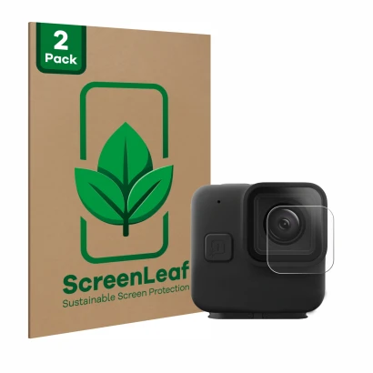 Parte frontal de un envase de producto con el logotipo de la marca ScreenLeaf. Al lado se muestra el dispositivo GoPro Hero 11