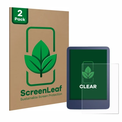 Parte frontal de un envase de producto con el logotipo de la marca ScreenLeaf. Al lado se muestra el dispositivo Amazon Kindle