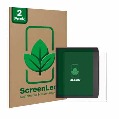 Parte frontal de un envase de producto con el logotipo de la marca ScreenLeaf. Al lado se muestra el dispositivo PocketBook Er