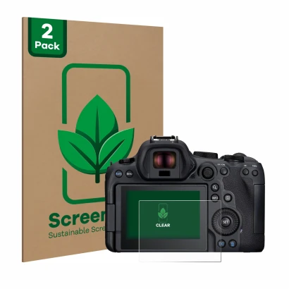Parte frontal de un envase de producto con el logotipo de la marca ScreenLeaf. Al lado se muestra el dispositivo Canon EOS R6 