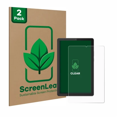 Parte frontal de un envase de producto con el logotipo de la marca ScreenLeaf. Al lado se muestra el dispositivo Lenovo Tab M9