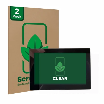 Parte frontal de un envase de producto con el logotipo de la marca ScreenLeaf. Al lado se muestra el dispositivo MG 4 7-Zoll D
