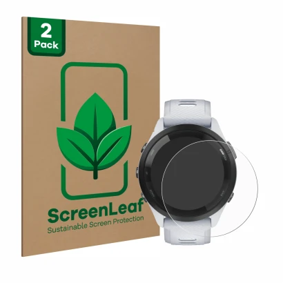 Parte frontal de un envase de producto con el logotipo de la marca ScreenLeaf. Al lado se muestra el dispositivo Garmin Foreru