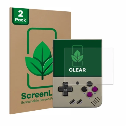Parte frontal de un envase de producto con el logotipo de la marca ScreenLeaf. Al lado se muestra el dispositivo Miyoo Mini Pl