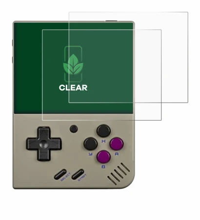 Imagen del dispositivo Miyoo Mini Plus con una amplia variedad de protectores de pantalla.