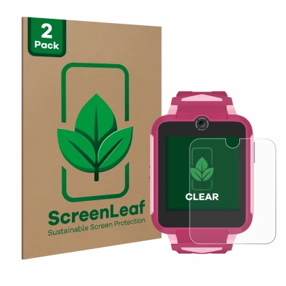 Parte frontal de un envase de producto con el logotipo de la marca ScreenLeaf. Al lado se muestra el dispositivo TCL Movetime 
