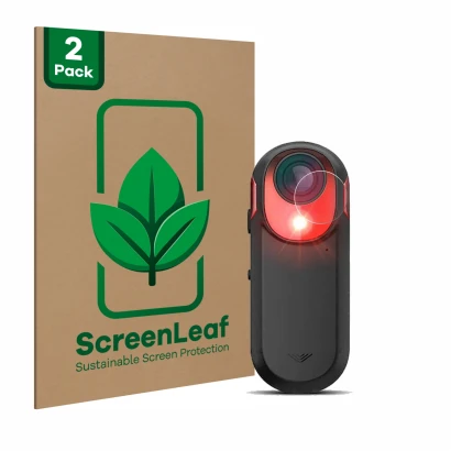 Parte frontal de un envase de producto con el logotipo de la marca ScreenLeaf. Al lado se muestra el dispositivo Garmin Varia 