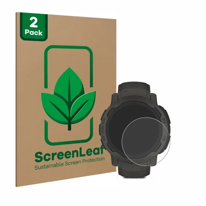 Parte frontal de un envase de producto con el logotipo de la marca ScreenLeaf. Al lado se muestra el dispositivo Garmin Instin