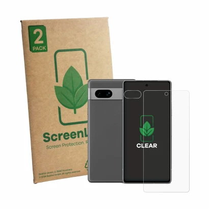 Parte frontal de un envase de producto con el logotipo de la marca ScreenLeaf. Al lado se muestra el dispositivo Google Pixel 