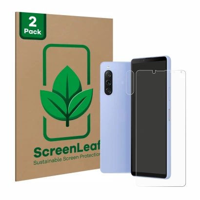 Parte frontal de un envase de producto con el logotipo de la marca ScreenLeaf. Al lado se muestra el dispositivo Sony Xperia 1