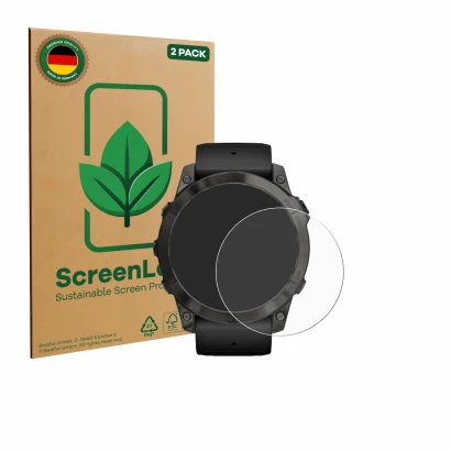 Parte frontal de un envase de producto con el logotipo de la marca ScreenLeaf. Al lado se muestra el dispositivo Garmin Epix P
