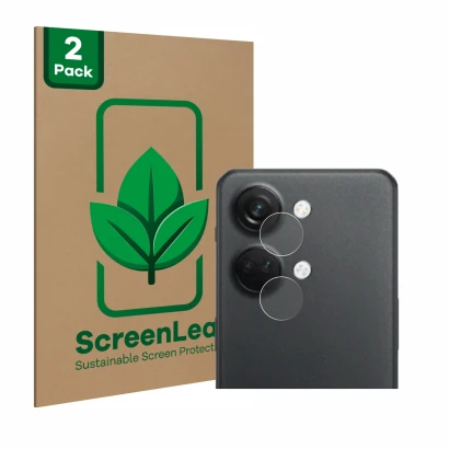 Parte frontal de un envase de producto con el logotipo de la marca ScreenLeaf. Al lado se muestra el dispositivo OnePlus Nord 