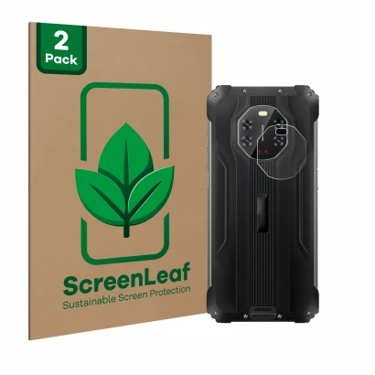 Parte frontal de un envase de producto con el logotipo de la marca ScreenLeaf. Al lado se muestra el dispositivo Blackview BL8