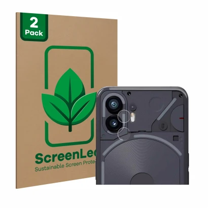 Parte frontal de un envase de producto con el logotipo de la marca ScreenLeaf. Al lado se muestra el dispositivo Nothing Phone