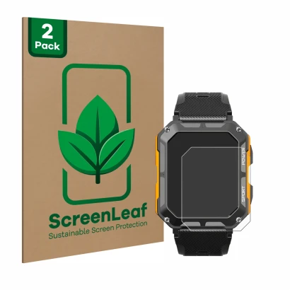 Parte frontal de un envase de producto con el logotipo de la marca ScreenLeaf. Al lado se muestra el dispositivo Njord Gear Th